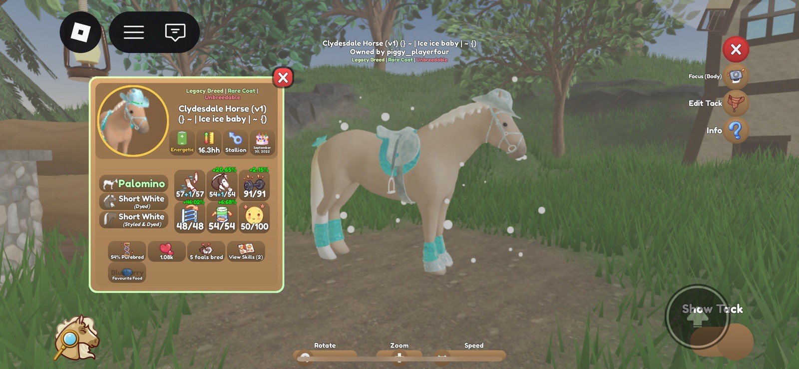 Roblox Clydesdale Horse Ice Ice Baby Rare Coat Energetic Unbreedable PC 2022