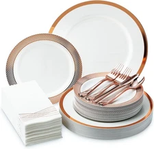 By Madee PREMIUM Elegant Disposable Dinnerware Set - 175 Pc Rose Gold Plastic Pl