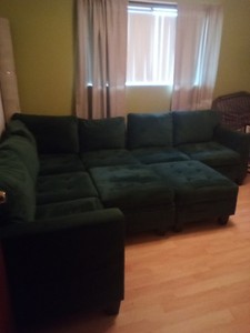 Green Contemporary 6 Seat L Shaped Sectional in Velvet with Dark  Wooden Legs 