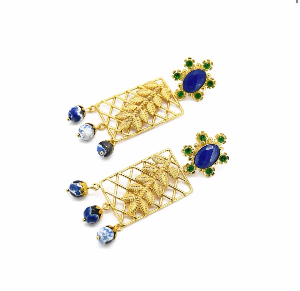 ADIBA Designer Handmade Blue Jade And Firestones Veronica Drop Earrings - Image 2 of 3