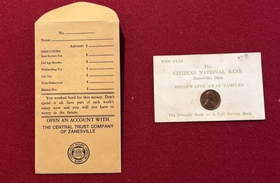 Citizens National Bank Zanesville Ohio Promotional Penny Business Card & Env 60 