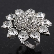 Rhodium Plated Diamante Sunflower Cocktail Ring - Size 7/8 Adjustable