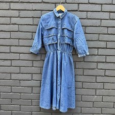 VTG 80s USA Made Nina Piccalino Denim Dress A line Studded Padded Shoulder Rodeo