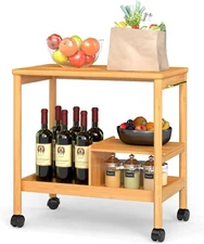 3-Tier Bamboo Storage Cart with Locking Wheels Rolling Organizer Cart