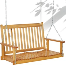 4 Ft Outdoor Wooden Porch Swing with Adjustable Iron Chains & Ergonomic Backrest
