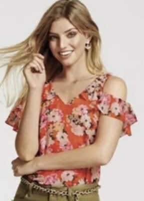 CAbi #5352 XS Lush Blouse Floral Cold Shoulder V Neck Lined Top