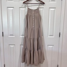 Elie Tahari Tiered Cotton Linen Blend Midi Dress Sleeveless Tan Size XS