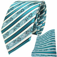 Tigertie Seidenkrawatte + Seideneinstecktuch TüRkis Weiss Anthrazit Gestreift