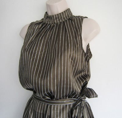 NWT H&M High Neck Sleeveless Striped Satin Olive Green Belted Dress ~ Size  6 | eBay