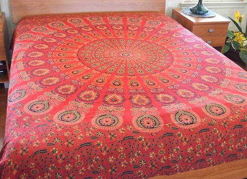 Cotton Red Green Color Block Print Floral Paisley Flat Bed Sheet from India - Picture 2 of 5