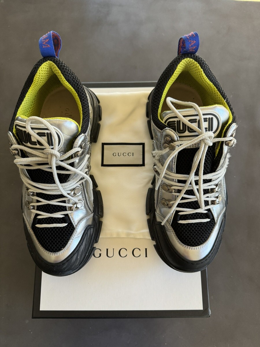 Gucci Silver/Black Leather And Mesh Flashtrek Low Top  display picture 1