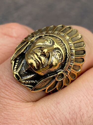 Mens Real 14K Gold Plated Solid 925 Sterling Silver Large Indian Head Chief Ring - Picture 1 of 12