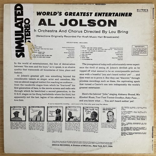 Al Jolson -- The World's Greatest Entertainer -- Decca/MCA -- MCA 2067 - Picture 2 of 6