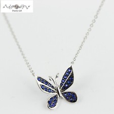 Women Girl 925 Sterling Silver Blue CZ Butterfly Animal Pendant Necklace 16-18"