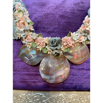 vintage 1980s statement necklace braided 3-d clay flowers pearls artist made 