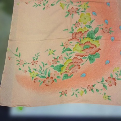 Silk Furoshiki Peony Pattern Orange Danwa Weave 67cm Authentic Vintage