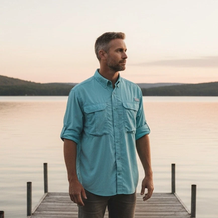 Orvis Seersucker Fishing Shirt Blue Lightweight Active Fit Hiking Mens Large