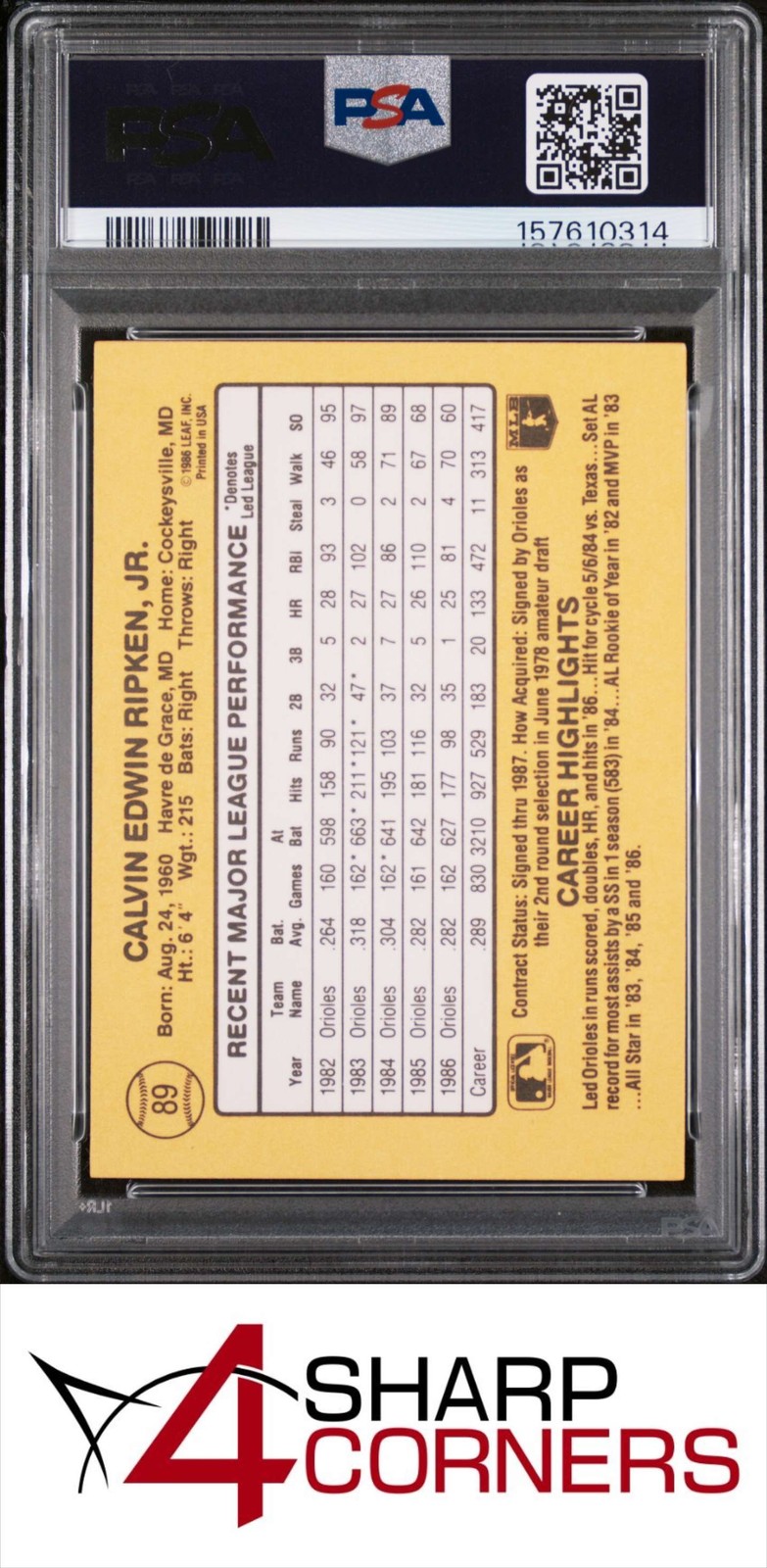 1987 DONRUSS #89 CAL RIPKEN JR. ORIOLES HOF PSA 9 view 2