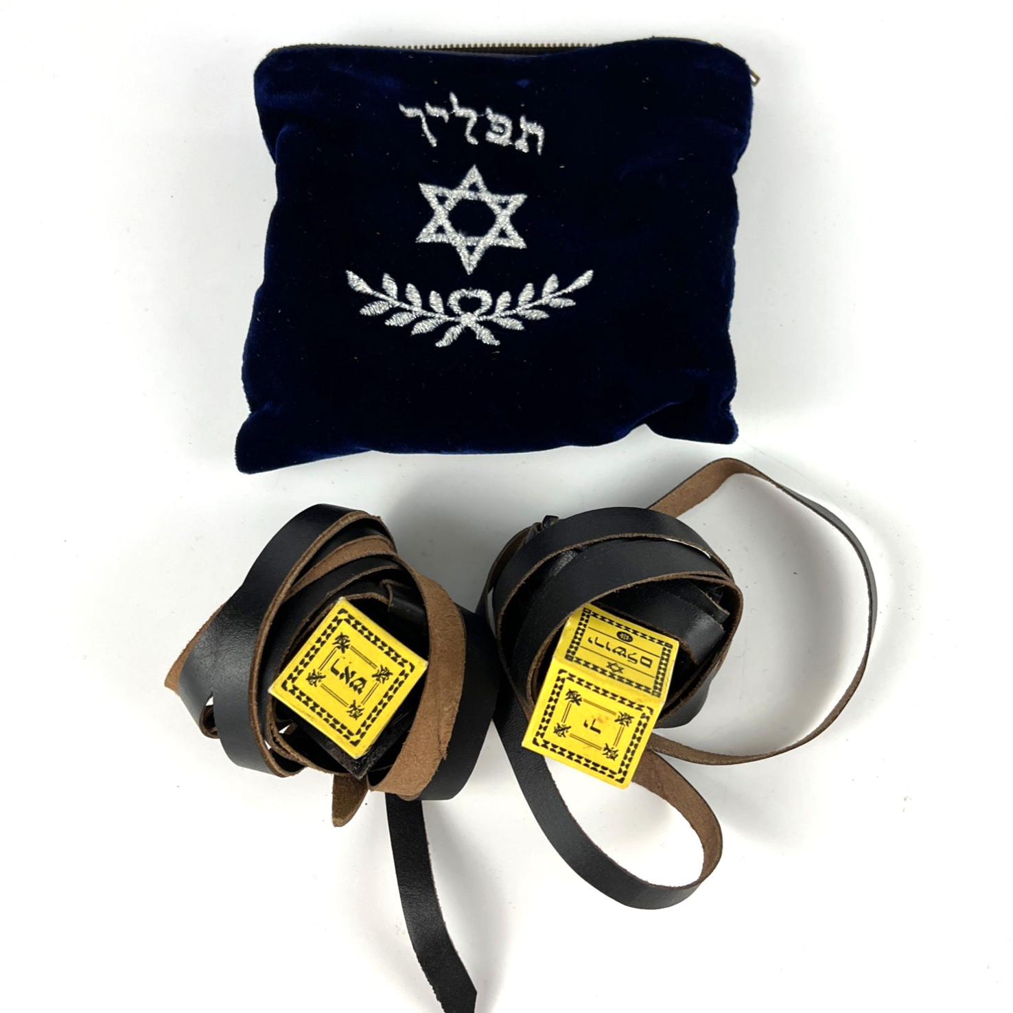 Vtg Hebrew Tefillin Set & Stitched Blue Velvet Bag Jewish Israel Judaism Judaica