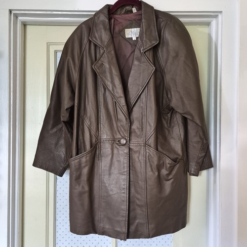 Malo, Giacca cappotto donna vintage St Malo marrone vera pelle taglia S blazer lungo...