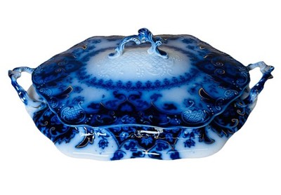 1890s Johnson Brothers Flow Blue Florida Lidded Casserole Dish