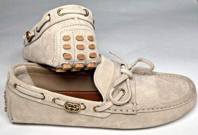 GUCCI Interlocking G Driving Loafers Oatmeal Suede Made in Italy EU 39.5 /UK 5.5
