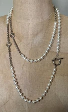 St. John Long  Faux Pearl  & Silver Beaded 50" (25") Necklace Toggle Closure-New