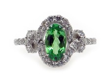 14k White Gold 2ct Oval Cut Green Tsavorite Garnet Diamond Halo Ring Sz 6.5