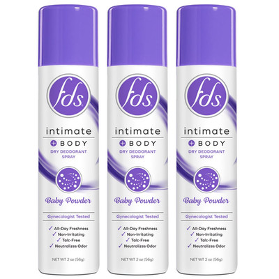 Fds Intimate + Body Dry Spray Deodorant Baby Powder 2oz X 3 Packs
