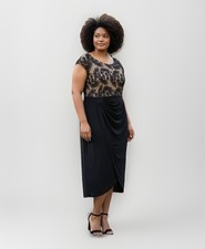 Connected Apparel Black Beige Plus Sz 24W Floral Lace Ruched Wrap Midi Dress