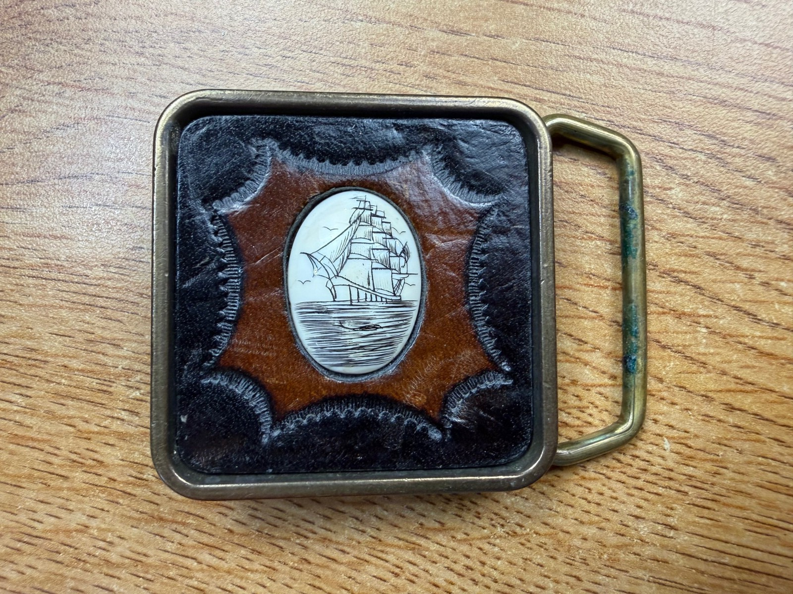 Leather Belt Buckle with Scrimshaw Style Ship Cabochon-image
