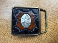 Leather Belt Buckle with Scrimshaw Style Ship Cabochon