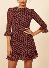 Reformation Doutzen Red Roses Dress Women 8 Multi Ruffled Bell Slv Mini Holidays