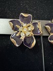 Vintage Goldtone Purple Enamel Rhinestone Flower Clip Earrings — photo 2