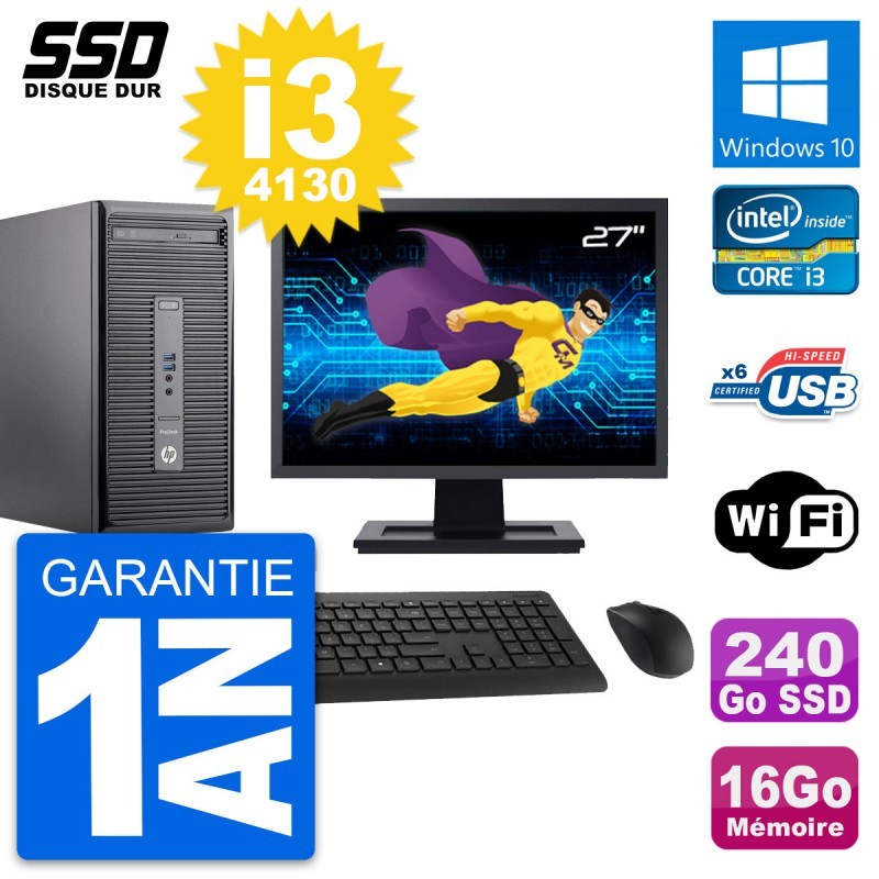 PC Tour HP 400 G2 MT Ecran 27" Core i3-4130 RAM 16Go SSD 240Go Windows 10 Wifi