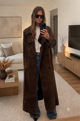 Women Genuine Leather Suede Trench Long Coat Brown Jacket S M L XL 2XL