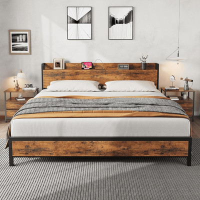 King Size Bed Frame with USB Ports & AC Outlets, Easy Assembly, No Box Spring