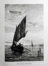 1877 ANTICA STAMPA:VEDUTA BARCHE A VELA DA PESCA AVANTI VENEZIA.XILOGRAFIA.AETNA