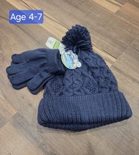 Toby Boys Size 4-7 Brand New With Tags Matching Knit Hat And Glove Navy Blue Set