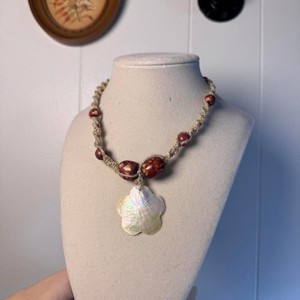 Vintage Macrame Hemp Choker Mother of Pearl Shell Flower Pendant Wood Beads Tan