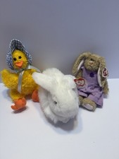 Ty Lot Of Three Easter White, Fluffy Bunny, Yellow Chick, Poseable, Bunny  