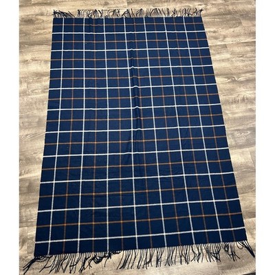 Lands End Navy Blue Windowpane Plaid Throw Blanket Fringed 80x50 Acrylic