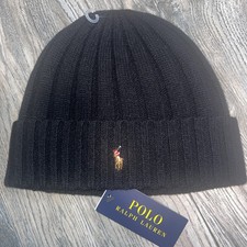 New Polo Ralph Lauren Winter Fall Cuffed Wool Knit Beanie Hat Cap Black One Size