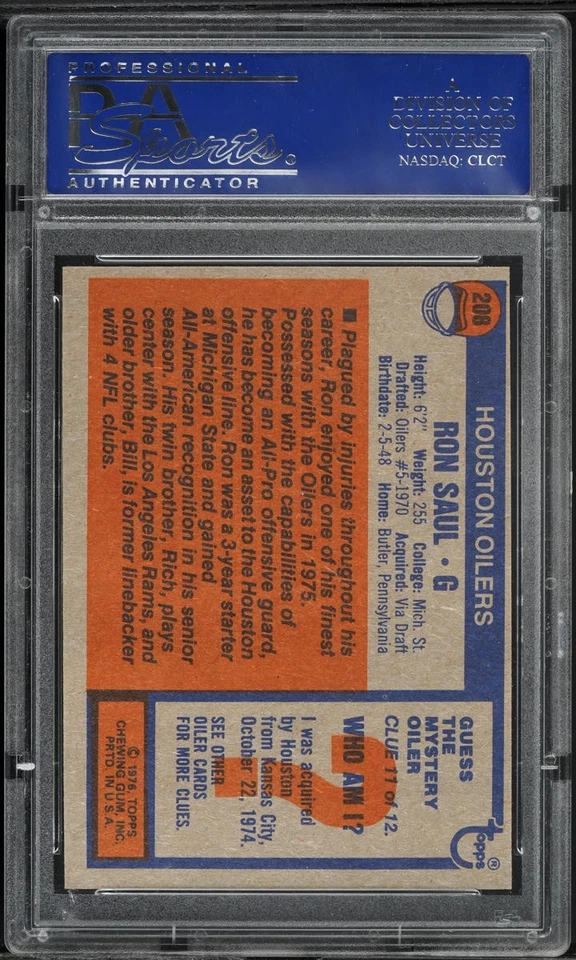 1976 Topps Football #208 Ron Saul PSA 9 MINT - Image 2 of 2