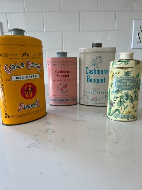 Antique tin metal talcum power containers