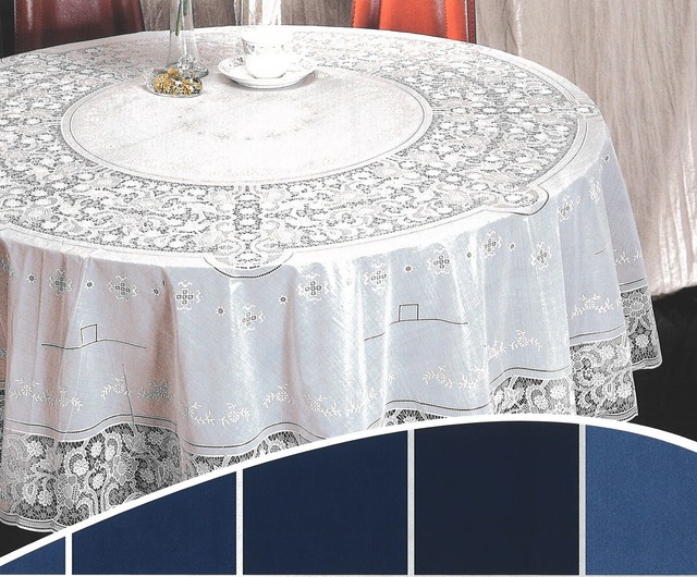 White Table Cover Vinyl Plastic Embossed Tablecloth Round 54" Lace