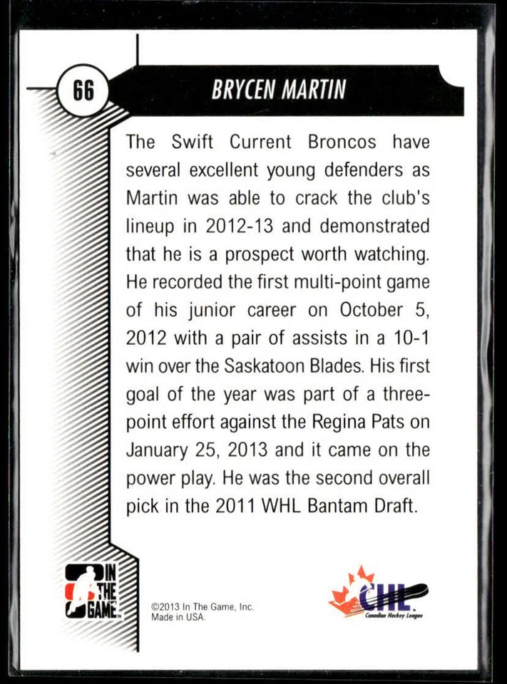 2012-13 In The Game Draft Prospects #66 Brycen Martin Swift Current Broncos - Image 2 of 2