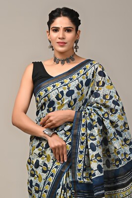 Indian Women Hand Printed Cotton Saree Beautiful Designer Sari Blouse 5Yd Fabric