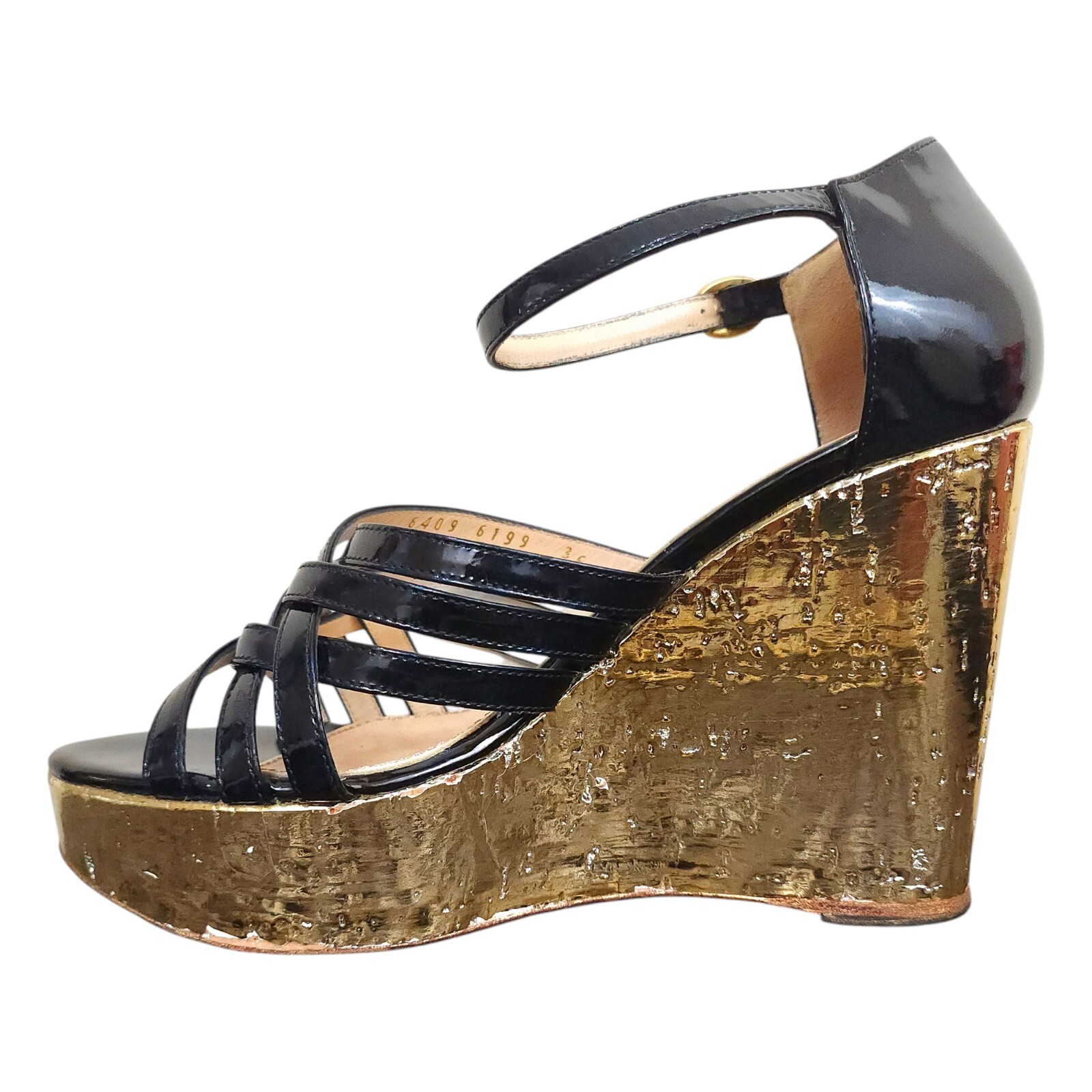 Sandali donna Yves Saint Laurent YSL neri con cinturino e zeppa oro taglia UK 3 5