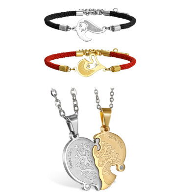 4pcs Stainless Steel Heart Puzzel Necklace and Bracelet Set For Couple  Lovers